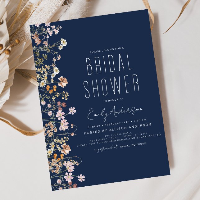 Navy Blue Boho Wildblume Brautparty Einladung (Von Creator hochgeladen)
