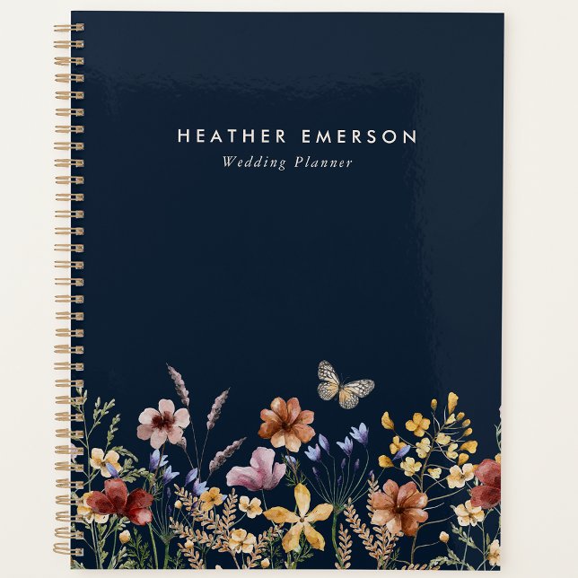 Navy Blue Boho Wildblumen Blumenplaner Planer (Navy Blue Boho Wildflowers Wedding Planner with Butterfly by Painted Paperie
)