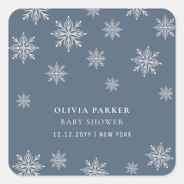 Navy Blue Boho Winter Snowflake Babydusche Quadratischer Aufkleber (Vorderseite)