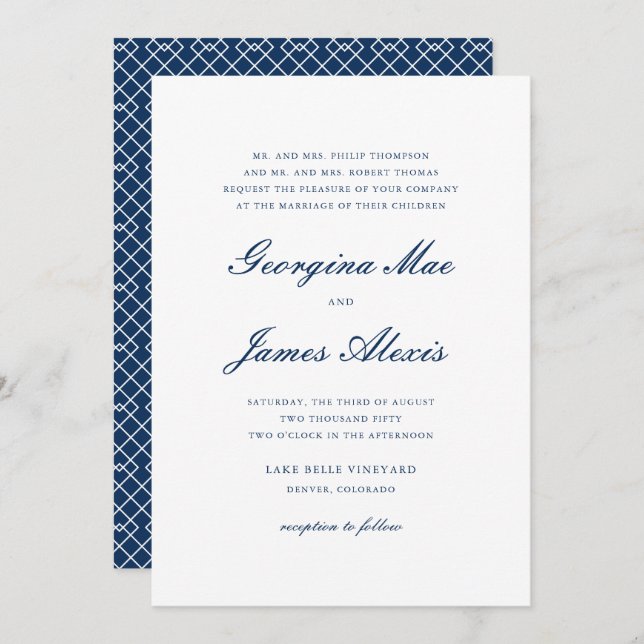Navy Blue Bold Script Classic Wedding Einladung (Vorne/Hinten)