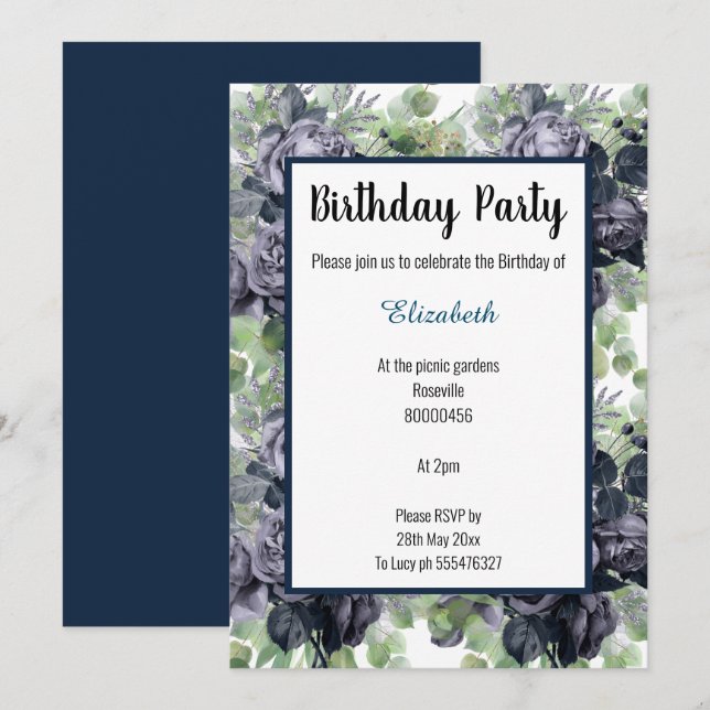 NAVY BLUE BOTANICAL FLORAL EUCALYPTUS EINLADUNG (Vorne/Hinten)