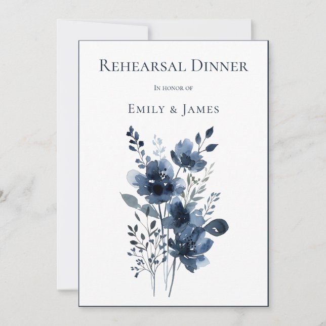 Navy Blue Botanical Wedding Einladung (Vorderseite)