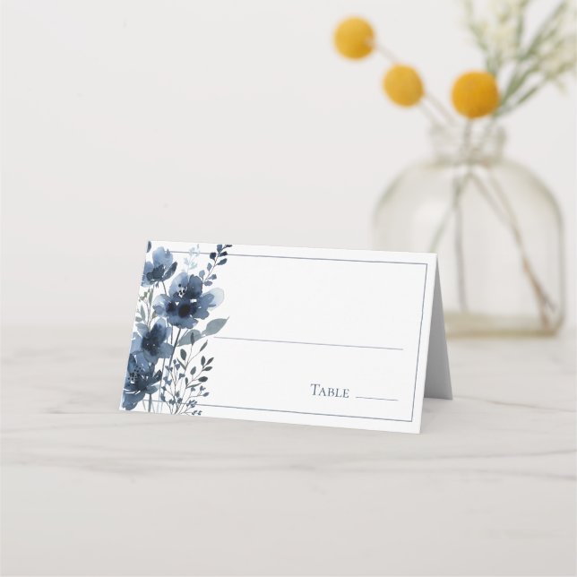 Navy Blue Botanical Wedding Platzkarte (Vorderseite)