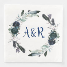Navy Blue Bouquet Wreath Monogram Paper Napkins