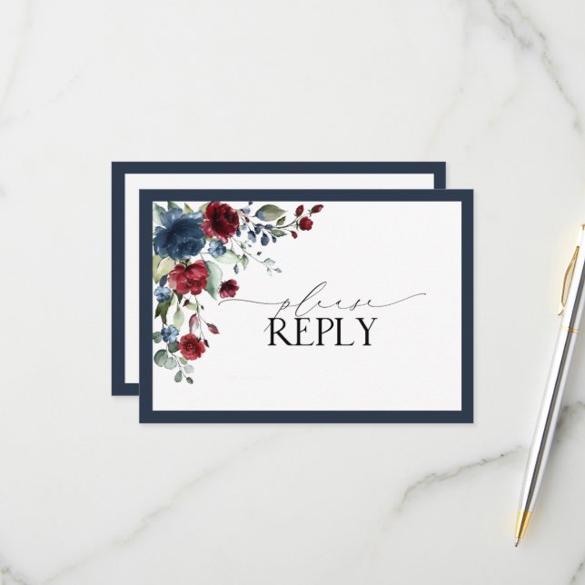 Navy Blue Bourgogne Floral Aquarelle Script RSVP (Devant/Arrière en situation)