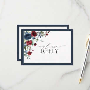 Navy Blue Bourgogne Floral Aquarelle Script RSVP