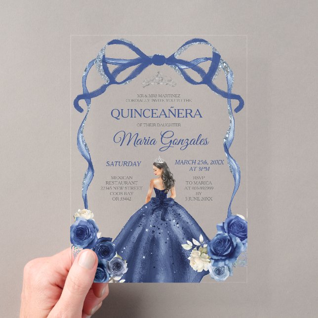 Navy Blue Bow Princess Silver Crown Quinceañera Acryleinladungen (Insitu (Handheld))