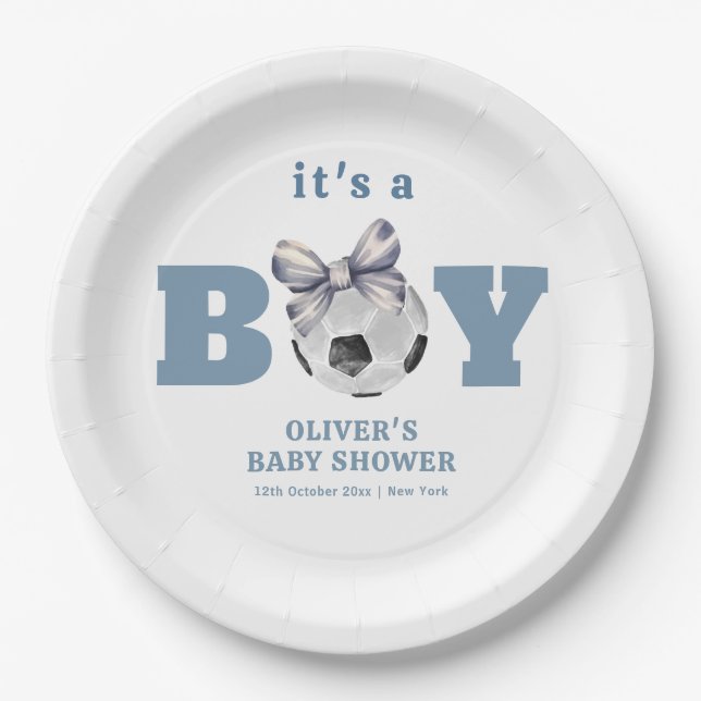 Navy Blue Bow Soccer Sport Boy Baby Shower  Pappteller (Vorderseite)