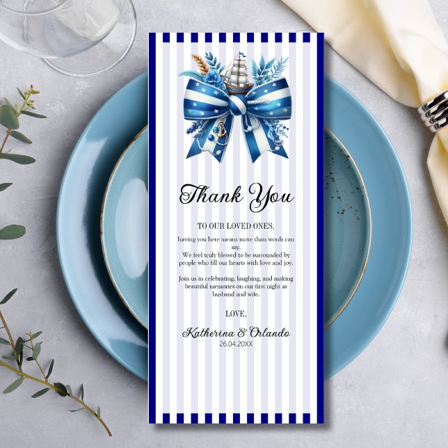 Navy Blue Bow Wedding Place Setting Thank You Card Programm (Von Creator hochgeladen)