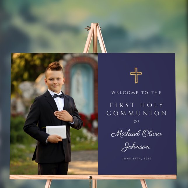 Navy Blue Boy Photo First Communion Welcome (Neutre)