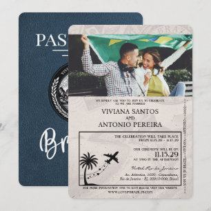 Navy Blue Brazil Passport Hochzeitseinladung Einladung
