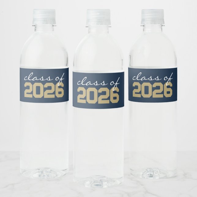 Navy Blue & Bronze Abschluss Water Bottle Labels (Flaschen)