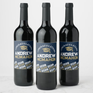 Navy Blue & Bronze Gold Abschluss Personalisiert Weinetikett