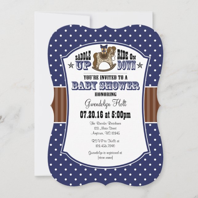 Navy Blue Brown Cowboy Baby Dusche Einladung (Vorderseite)