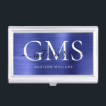 Navy Blue Brushed Metal 3 Monogram Script Visitenkarten Dose<br><div class="desc">Moderne elegante Navy Blue Brushed Metal Monogram Script Business Card Case</div>