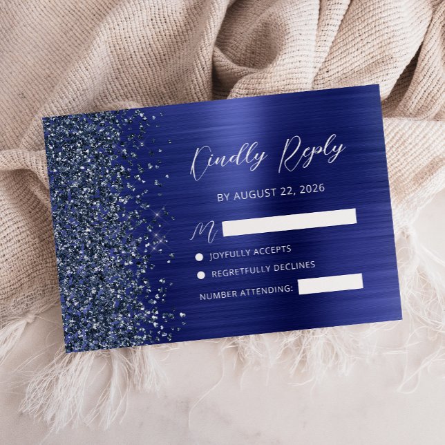 Navy Blue Brushed Metal Glitter Script Wedding RSVP Karte (Von Creator hochgeladen)