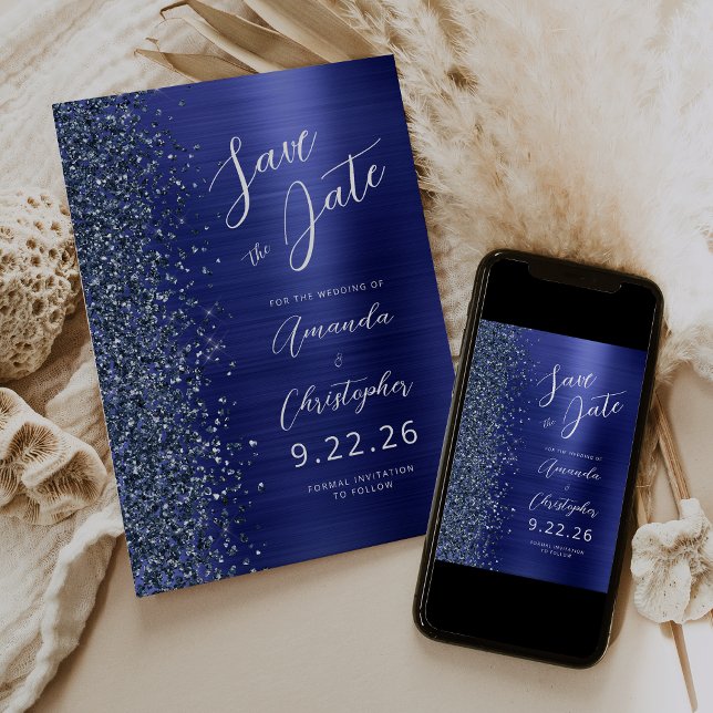 Navy Blue Brushed Metal Script Save the Date Ankündigung (Von Creator hochgeladen)