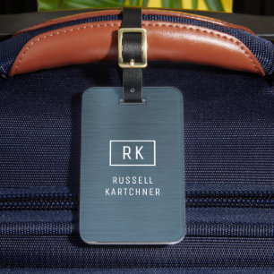 Navy Blue Brushmetal Modernes Monogramm Gepäckanhänger