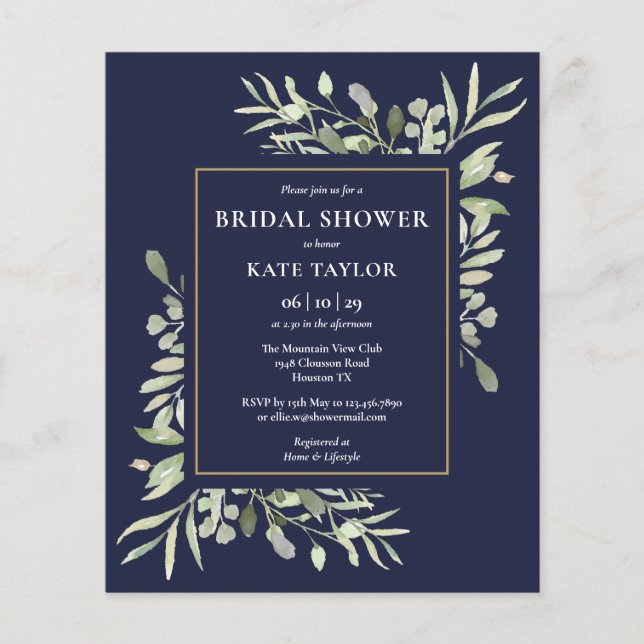 Navy Blue Budget Greenery Bridal Dusche Einladung (Vorderseite)