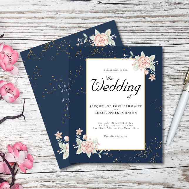 Navy Blue Budget Hochzeitseinladung Pink Peony Flyer (Von Creator hochgeladen)