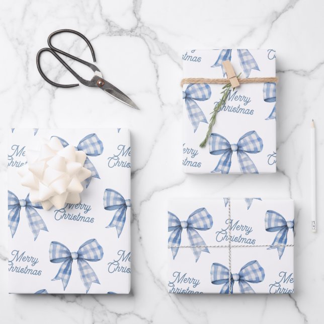 Navy Blue Buffalo Kariert Bow Karo Frohe Weihnacht Geschenkpapier Set (Vorderseite)