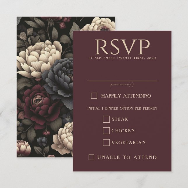 Navy Blue & Burgund Moody Floral Food Choice RSVP Karte (Vorne/Hinten)