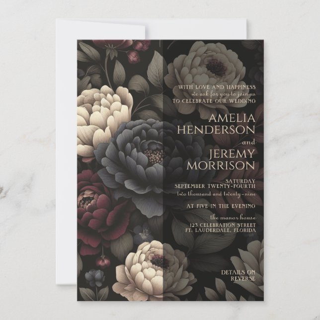 Navy Blue & Burgund Moody Floral mit Details Einladung (Vorderseite)
