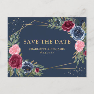 Navy Blue Burgundi Gold Floral Save the Date Ankündigungspostkarte
