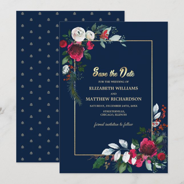 Navy Blue Burgundi Gold Floral Save the Date Einladung (Vorne/Hinten)