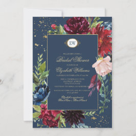 Navy Blue, Burgundy Bloom Watercolor Brautparty Einladung