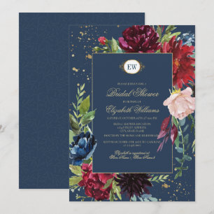 Navy Blue, Burgundy Bloom Watercolor Brautparty Einladung