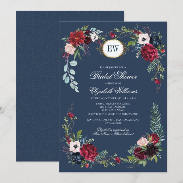 Navy Blue, Burgundy Bloom Watercolor Brautparty Einladung (Vorne/Hinten)