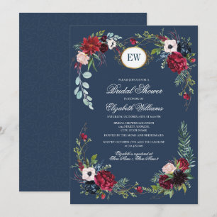 Navy Blue, Burgundy Bloom Watercolor Brautparty Einladung