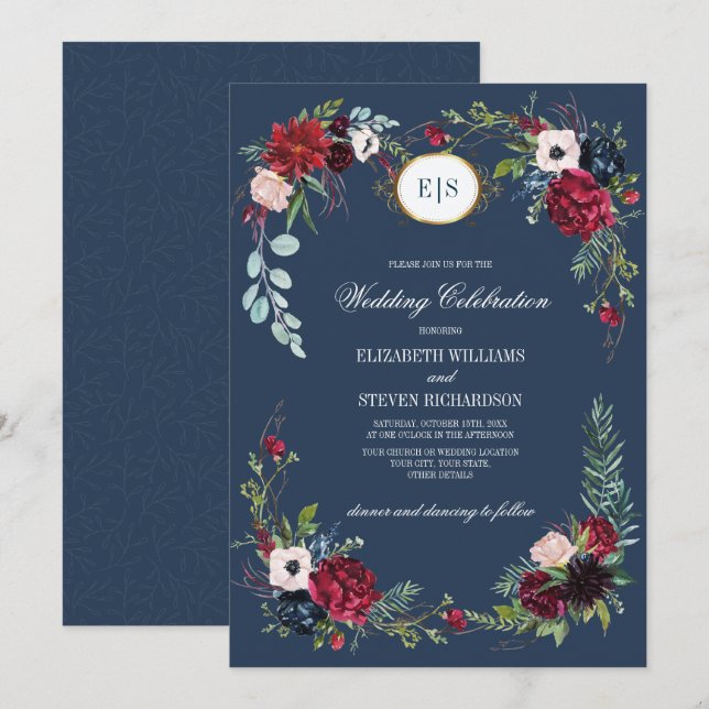 Navy Blue | Burgundy Bloom Watercolor Wedding Einladung (Vorne/Hinten)