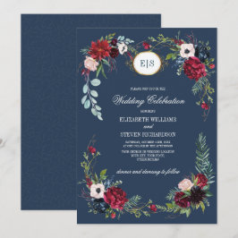 Navy Blue | Burgundy Bloom Watercolor Wedding Einladung