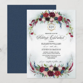 Navy Blue | Burgundy Bloom Watercolor Wedding Einladung