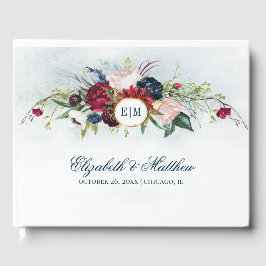Navy Blue | Burgundy Bloom Watercolor Wedding Gästebuch
