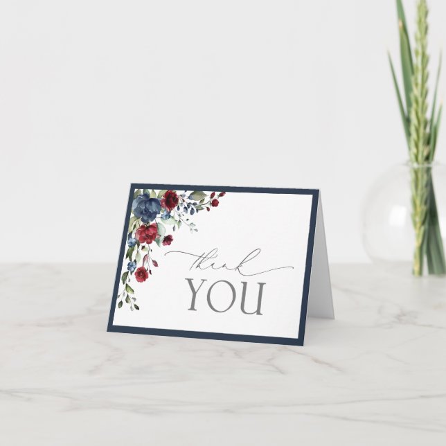 Navy Blue Burgundy Blumenschrift Dankeschön Karte (Vorderseite)