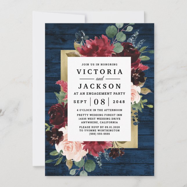 Navy Blue Burgundy Blush and Gold Engagement Party Einladung (Vorderseite)