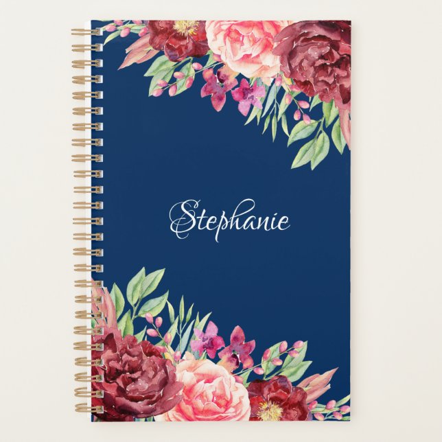 Navy Blue Burgundy Blush Bloral Personalisiert Planer (Vorderseite)