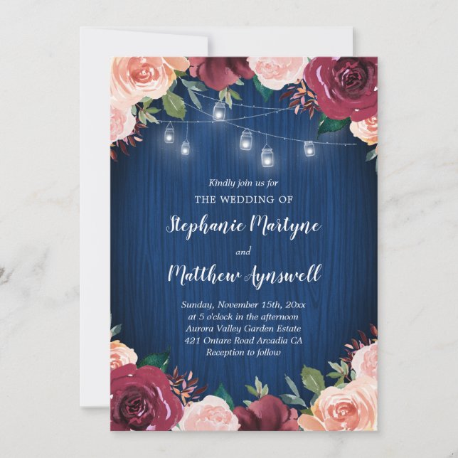 Navy Blue Burgundy Blush Floral Mason Jar Wedding Einladung (Vorderseite)