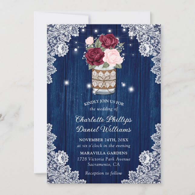 Navy Blue Burgundy Blush Lace Mason Jar Wedding Einladung (Vorderseite)
