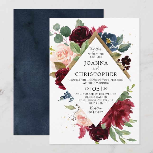 Navy Blue Burgundy Blush Pink Rose Boho Wedding Einladung (Vorne/Hinten)