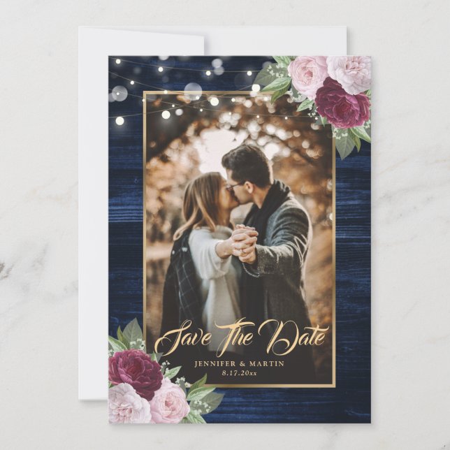 Navy Blue Burgundy Blush Wedding Foto Save The Date (Vorderseite)