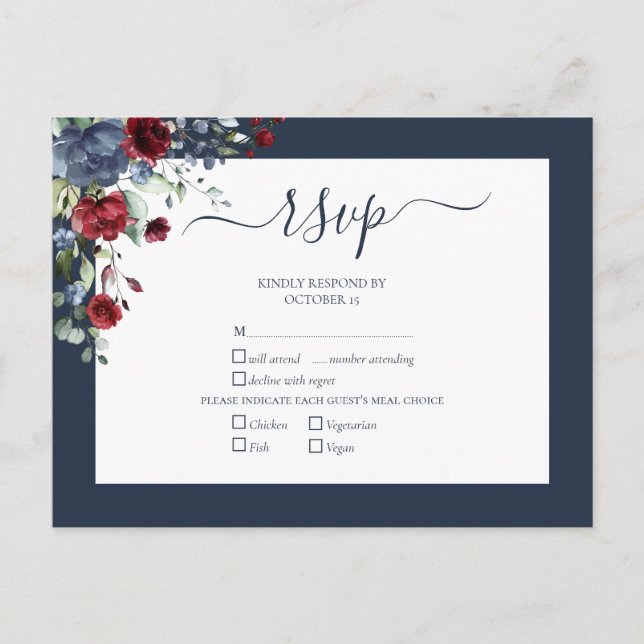 Navy Blue Burgundy Botanical Script Wedding RSVP Einladungspostkarte (Vorderseite)