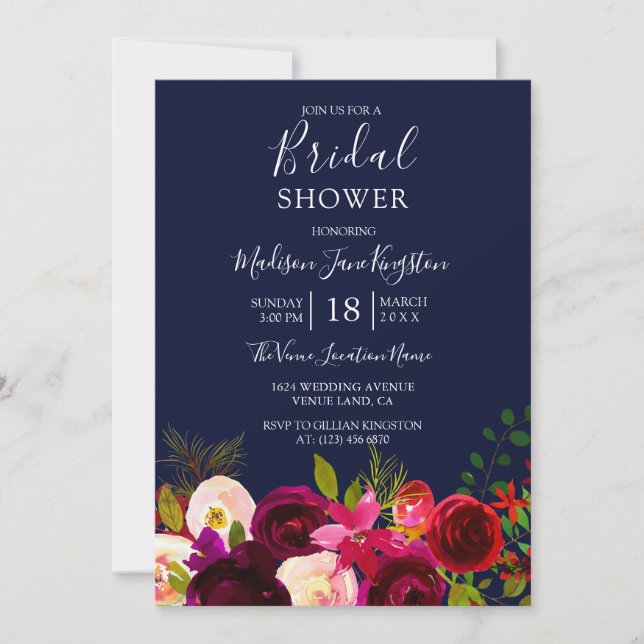 Navy Blue Burgundy Brautparty Floral Einladung (Vorderseite)