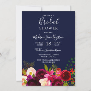 Navy Blue Burgundy Brautparty Floral Einladung