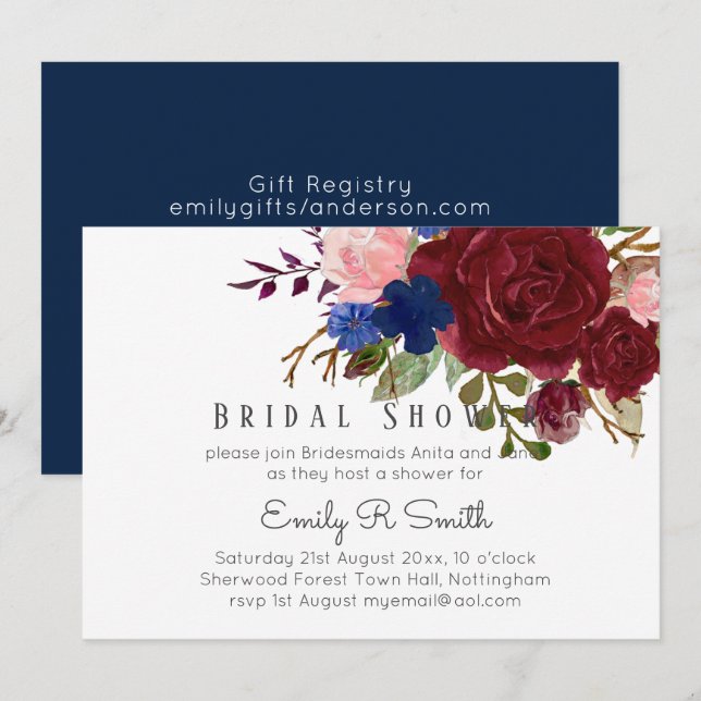 Navy Blue Burgundy Floral Bouquet Wedding Einladung (Vorne/Hinten)