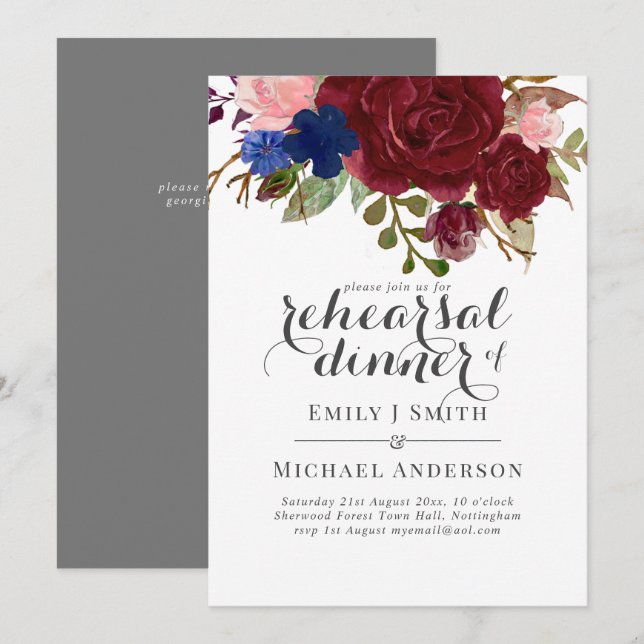 Navy Blue Burgundy Floral Bouquet Wedding Einladung (Vorne/Hinten)