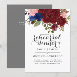 Navy Blue Burgundy Floral Bouquet Wedding Einladung